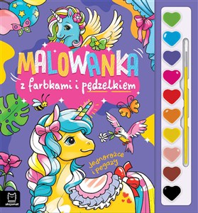 Obrazek Malowanka z farbkami i pędzelkiem. Jednorożce i pegazy