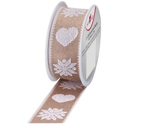 Obrazek Wstążka 2mx25mm Serca beżowo biała